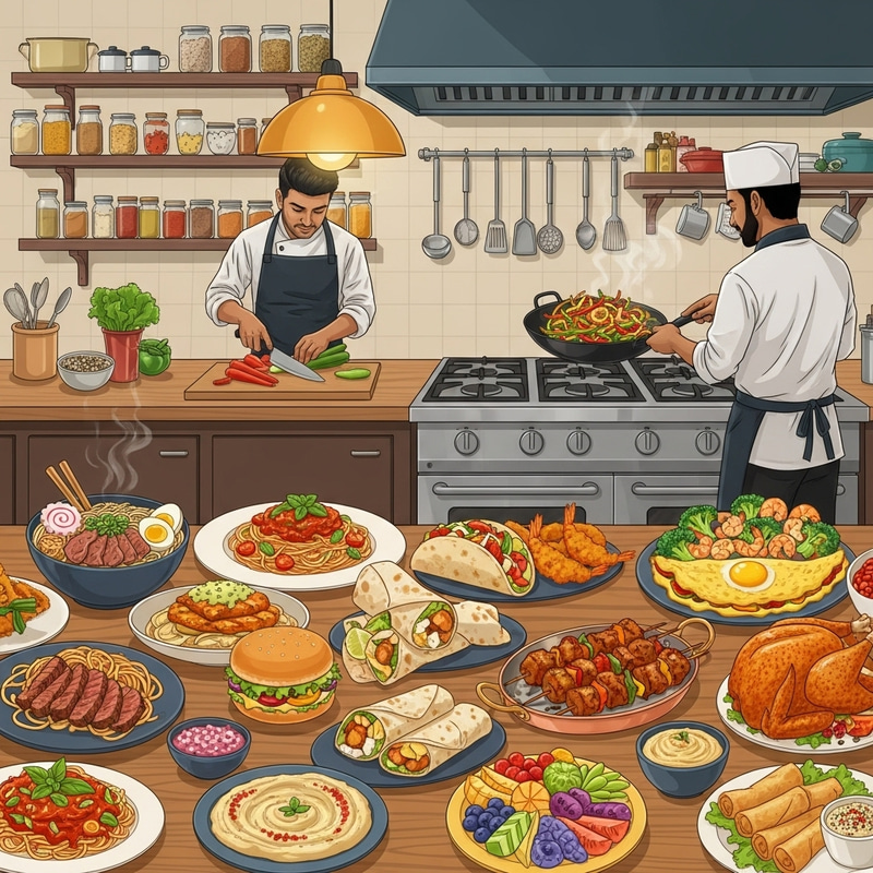 Vibrant Kitchen Scene with Global Flavors Vibrant Kitchen Scene with Global Flavors