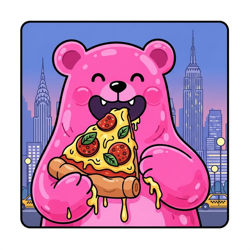 Whimsical Pink Jelly Bear Pizza Sticker in New York Whimsical Pink Jelly Bear Pizza Sticker in New York