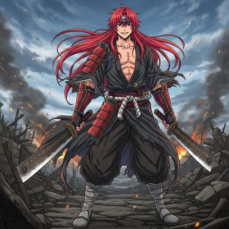 Powerful Red-Haired Anime Swordsman with Dual Cleavers Powerful Red-Haired Anime Swordsman with Dual Cleavers
