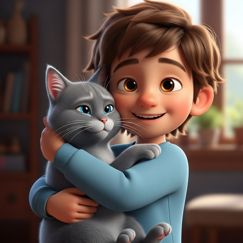 Heartwarming 3D Animation of Boy Embracing Grey Cat Heartwarming 3D Animation of Boy Embracing Grey Cat