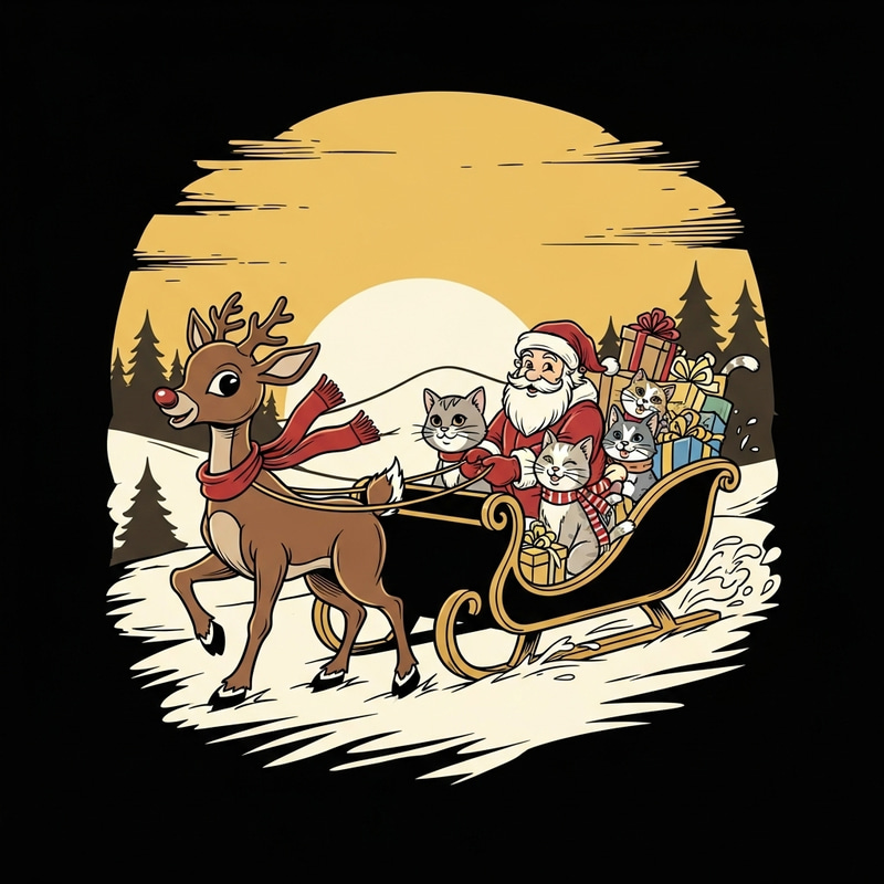 Enchanting Holiday Sleigh Ride with Rudolph and Adorable Cats | Festive Winter Scene