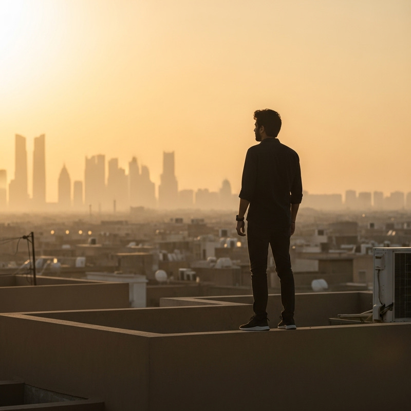 Middle-Eastern Man on Rooftop - Gazing at Horizon Serenity