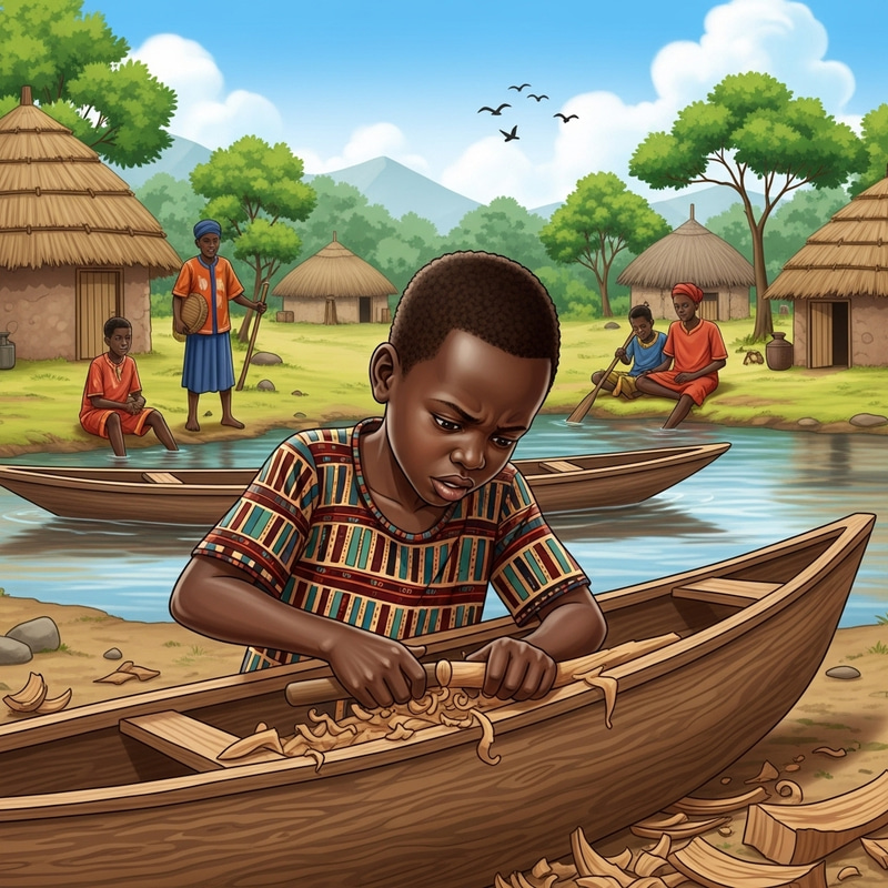 Serene Scene of African Child Crafting Wooden Canoe in Remote Village