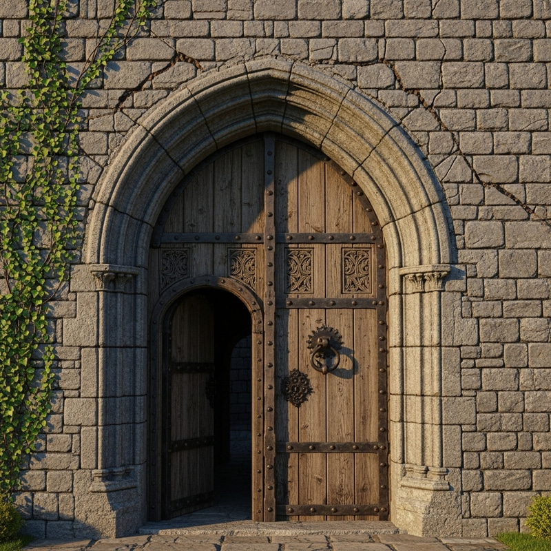 Old Wooden Door with Arch and Castle View Old Wooden Door with Arch and Castle View