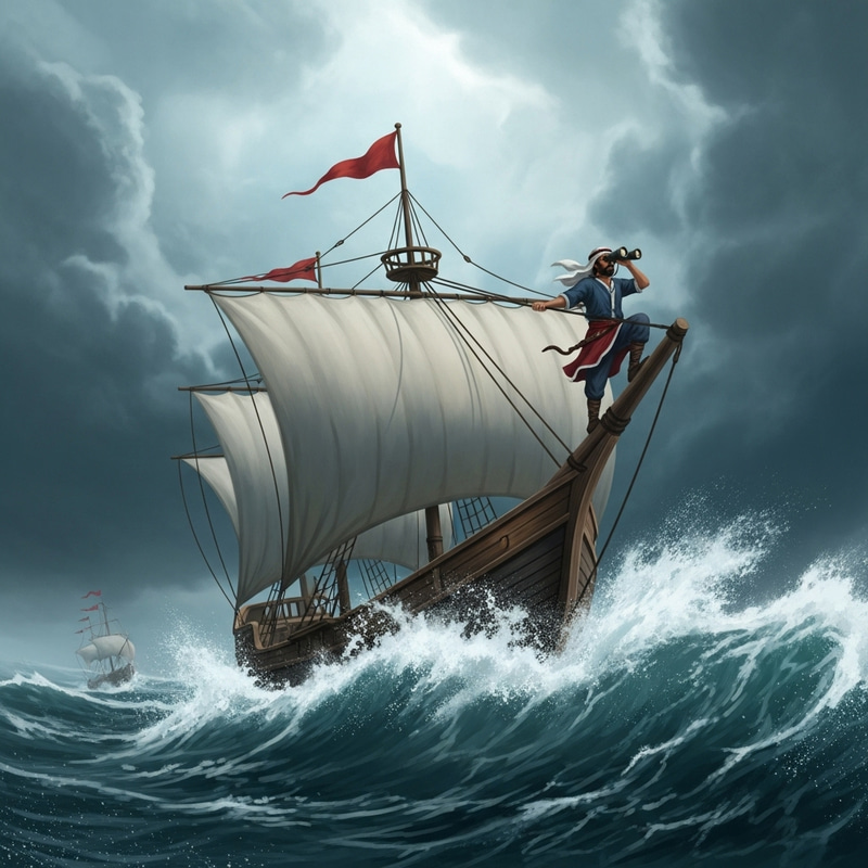 Vintage Ship on Stormy Sea with Lookout Using Binoculars Vintage Ship on Stormy Sea with Lookout Using Binoculars