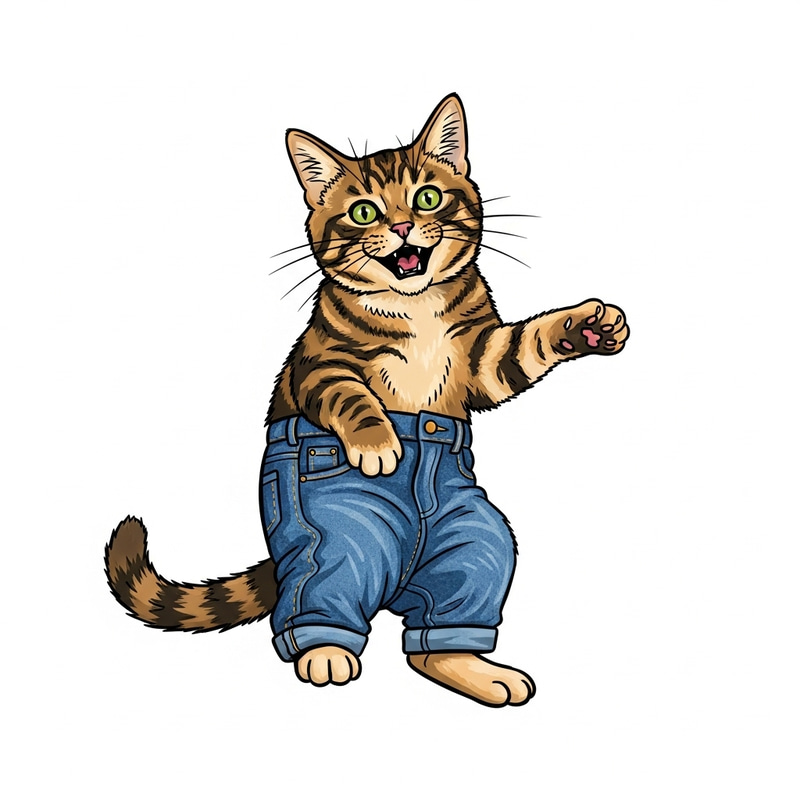 Playful Cat in True Religion Denim Jeans | Vibrant Whimsical Comic-Inspired Art