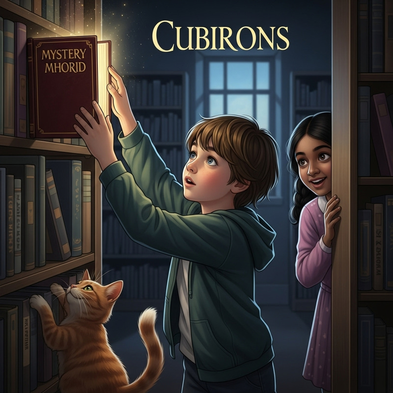 Curiosity Unveiled: Enchanting Library Scene Curiosity Unveiled: Enchanting Library Scene