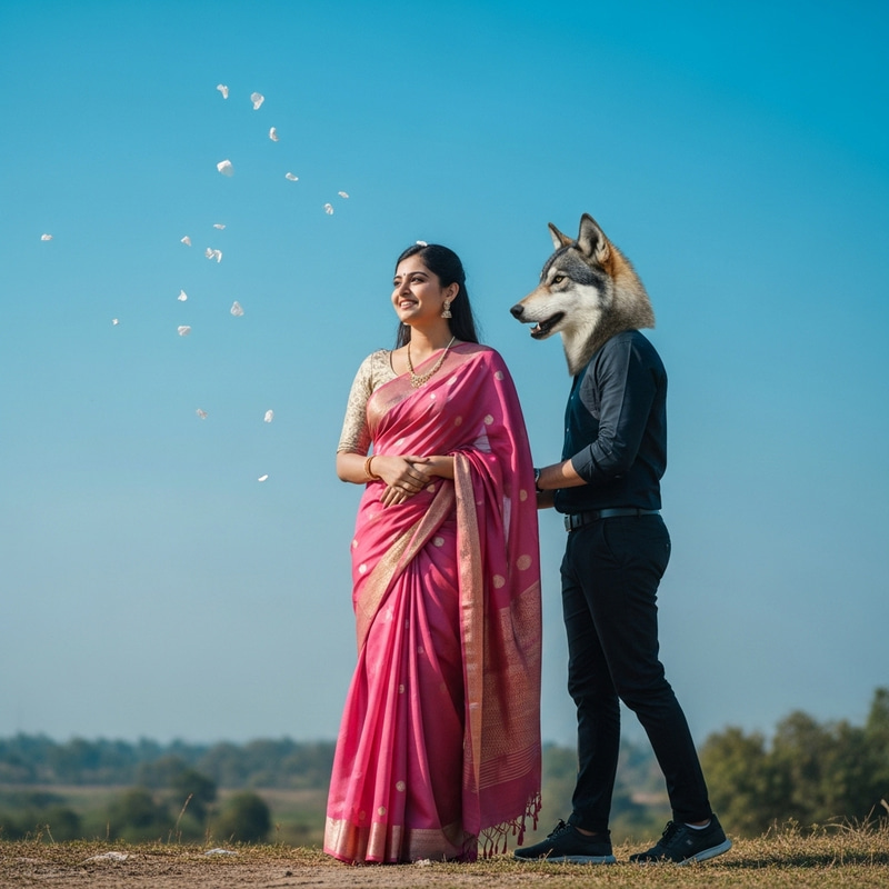 Serenely Beautiful South Asian Woman in Pink Saree with Enchanting Wolf Interaction Serenely Beautiful South Asian Woman in Pink Saree with Enchanting Wolf Interaction