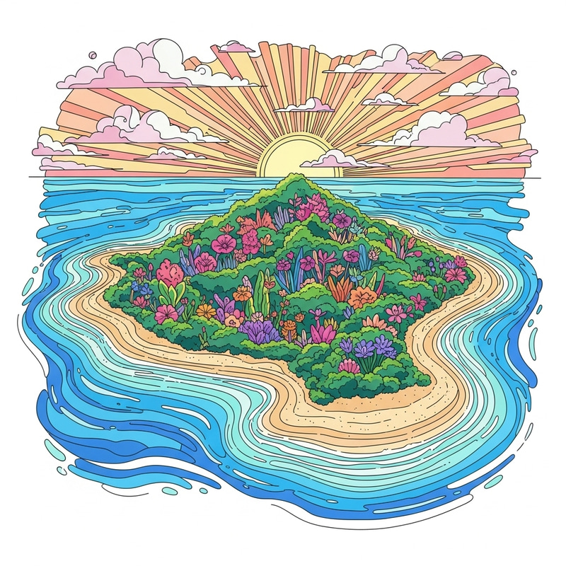 Vibrant Island Line Art: Colorful Tropical Paradise Vibrant Island Line Art: Colorful Tropical Paradise