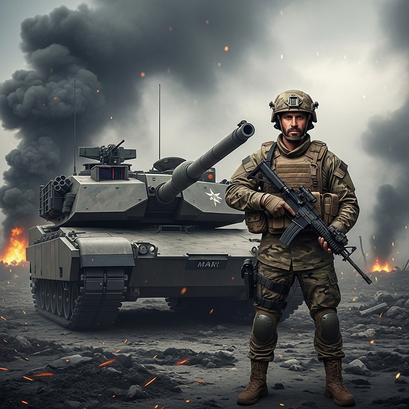 Mars: Roman God in Soldier Attire with Tank Amid War Mars: Roman God in Soldier Attire with Tank Amid War