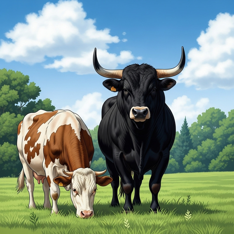 Energetic Cow and Bull in Vibrant Nature Scene Energetic Cow and Bull in Vibrant Nature Scene