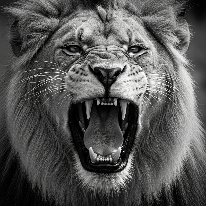 Majestic Lion Roaring Fiercely in High Contrast Black and White Majestic Lion Roaring Fiercely in High Contrast Black and White