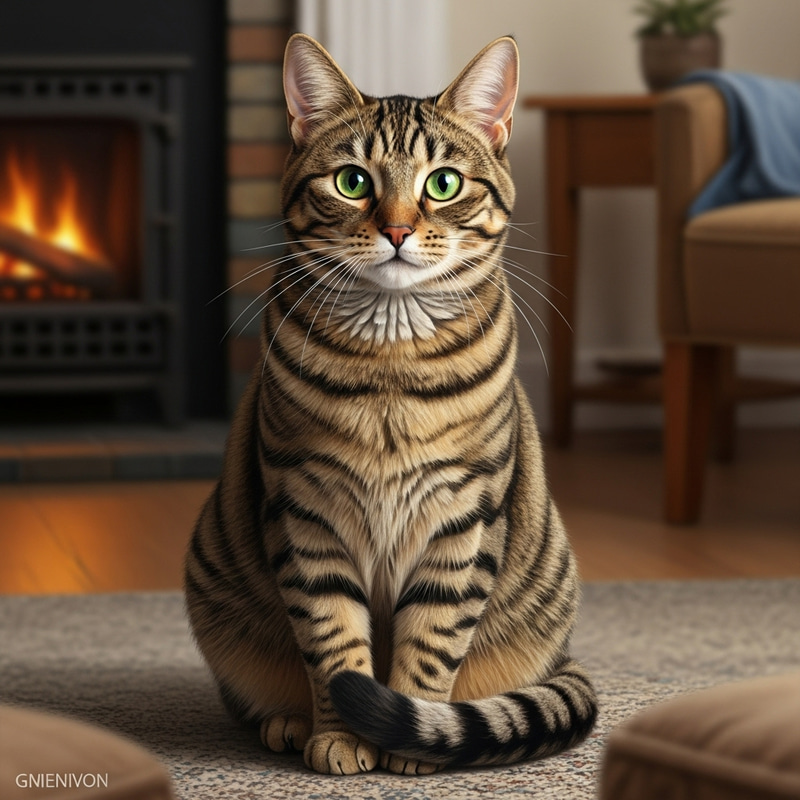 Striped Tabby Cat with Bright Green Eyes on Plush Rug