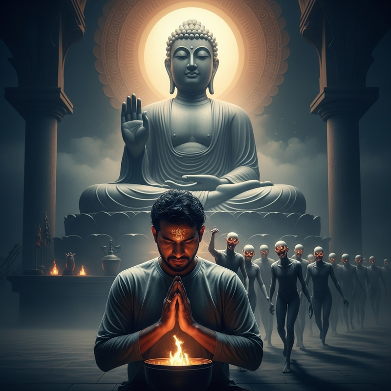 Spiritual Man with Buddha Statue and Ghosts in Meditation
