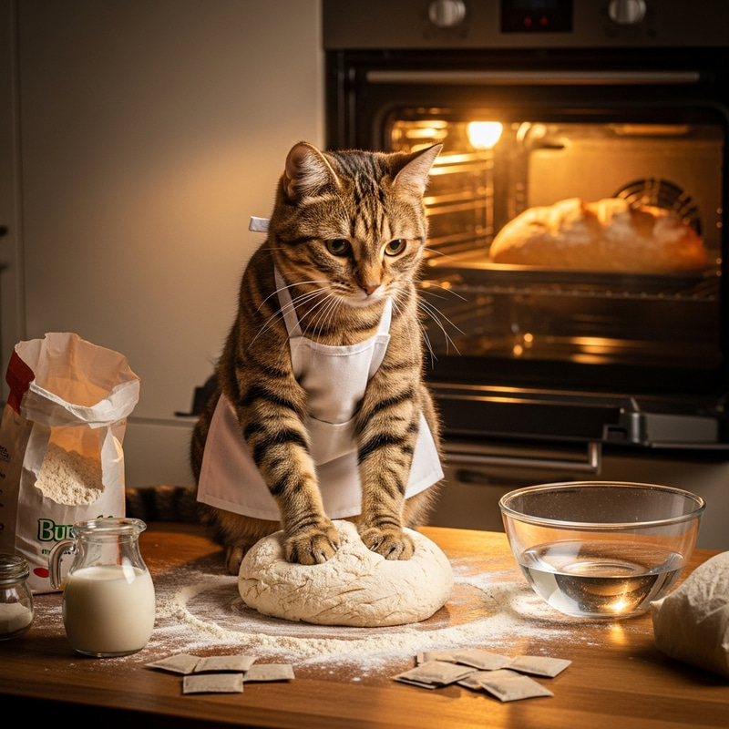 Baking Cat: Loaf of Bread on Toasted Fluffy Paw Baking Cat: Loaf of Bread on Toasted Fluffy Paw