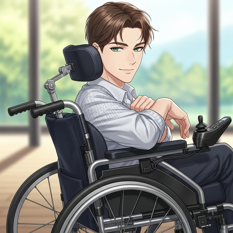 Young Caucasian Man with Sparkling Green Eyes in Modern Wheelchair Young Caucasian Man with Sparkling Green Eyes in Modern Wheelchair