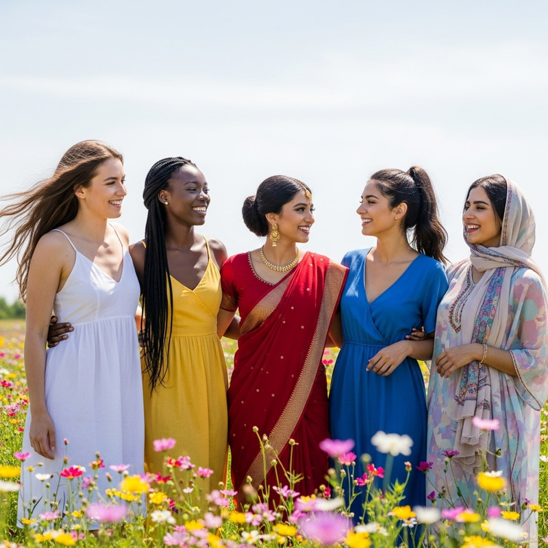 Beautiful Girls Enjoying Sunny Day in Flower Field Beautiful Girls Enjoying Sunny Day in Flower Field