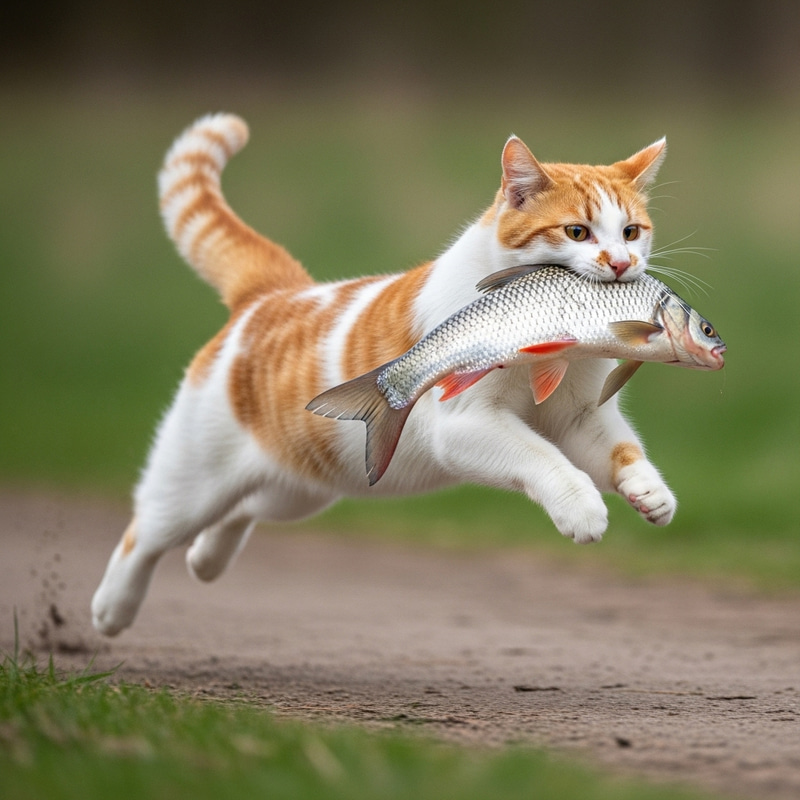 Playful Cat with Fish: Fluffy Feline Running Playful Cat with Fish: Fluffy Feline Running