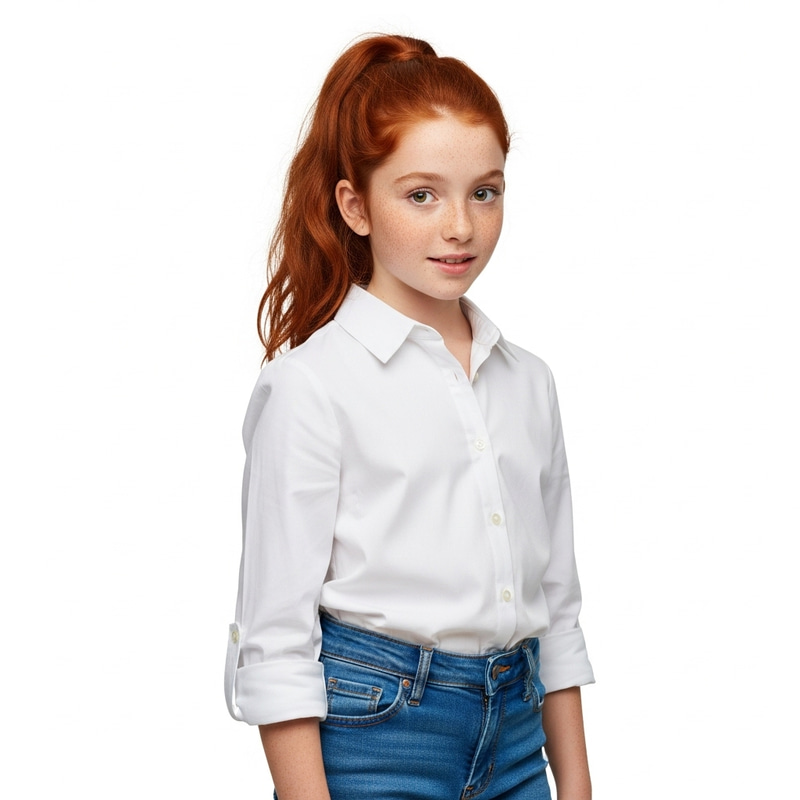 Caucasian Girl Student with Red Hair in White Shirt & Blue Jeans Caucasian Girl Student with Red Hair in White Shirt & Blue Jeans