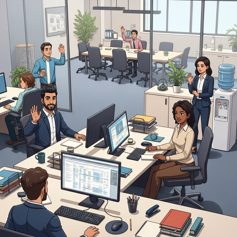 Animated Office Environment with Diverse Employees Greeting Animated Office Environment with Diverse Employees Greeting