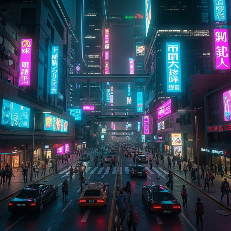 Cyberpunk Cityscape: Vibrant Neon Lights at Night