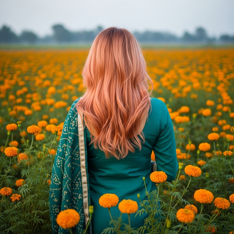 Peach-Haired Beauty Among Marigolds