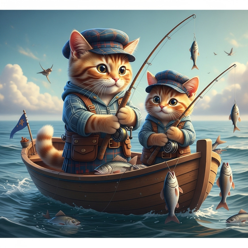 Adorable Scottish Cat and Kitten Fishing Scene - Realistic Artwork Adorable Scottish Cat and Kitten Fishing Scene - Realistic Artwork