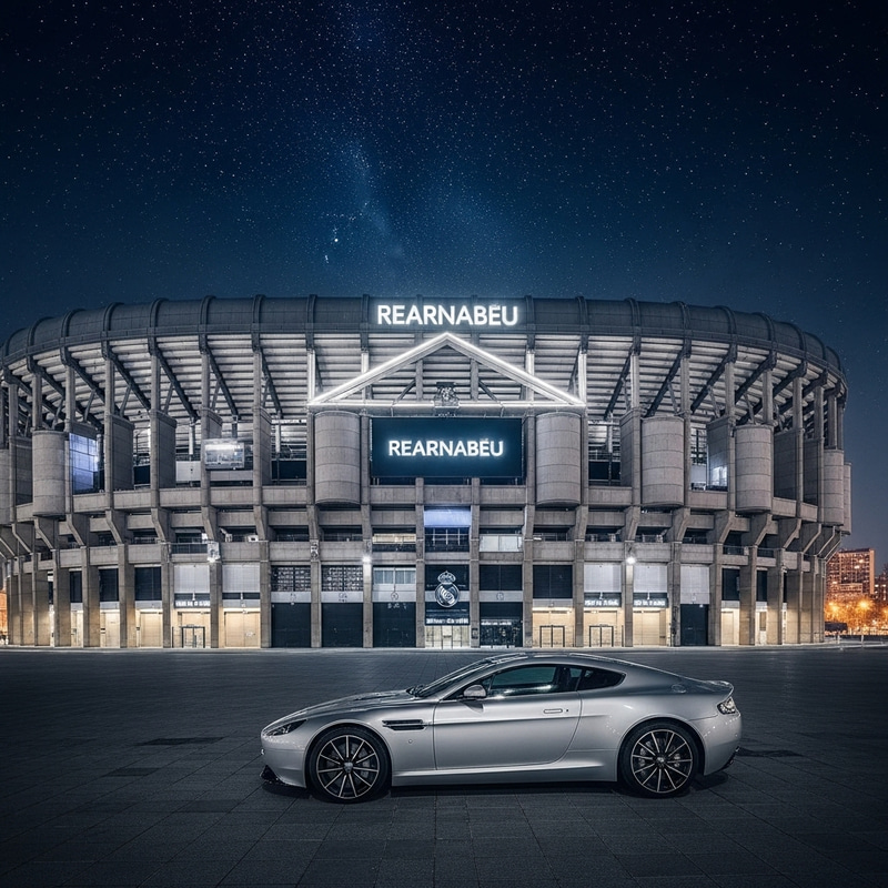 Santiago Bernabeu Stadium Night Wallpaper featuring Fernando Alonso's Aston Martin Santiago Bernabeu Stadium Night Wallpaper featuring Fernando Alonso's Aston Martin