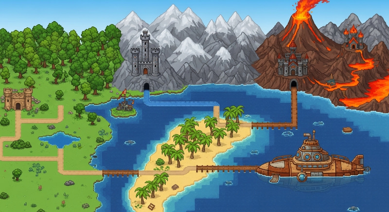 Adventure Pixel Art: Vast Plain, Oak Forest, Mountains, Submarine, and Volcano