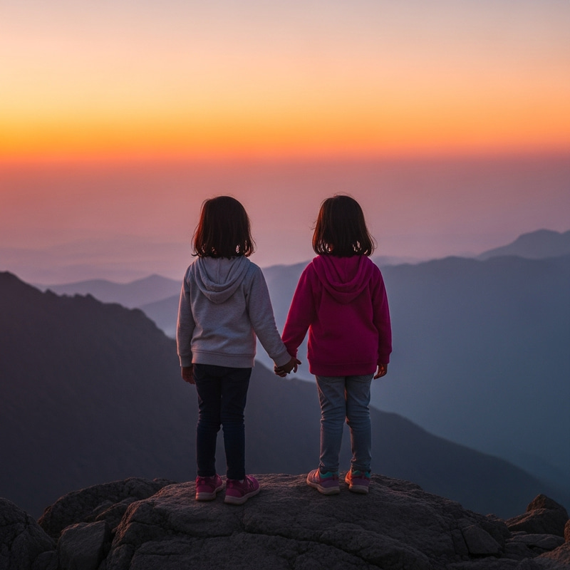 5-Year-Old Indian Girls Holding Hands on Mountain at Sunrise 5-Year-Old Indian Girls Holding Hands on Mountain at Sunrise