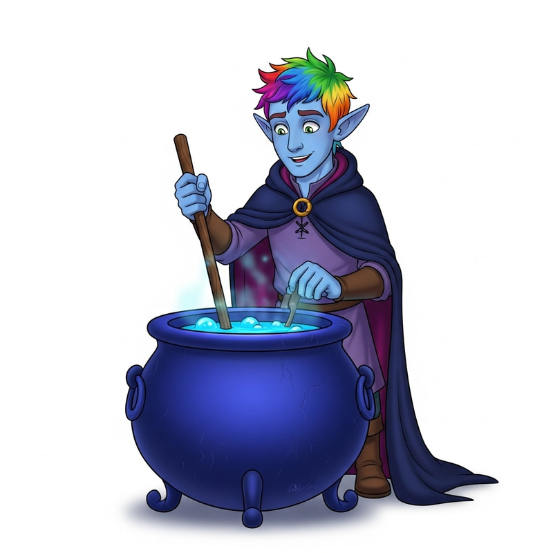 Friendly Blue Character Stirring a Vibrant Cauldron