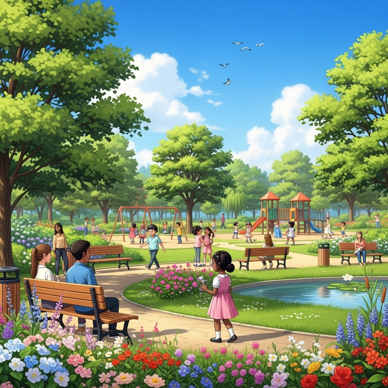 Tranquil Urban Park: Serenity, Greenery & Playful Scene