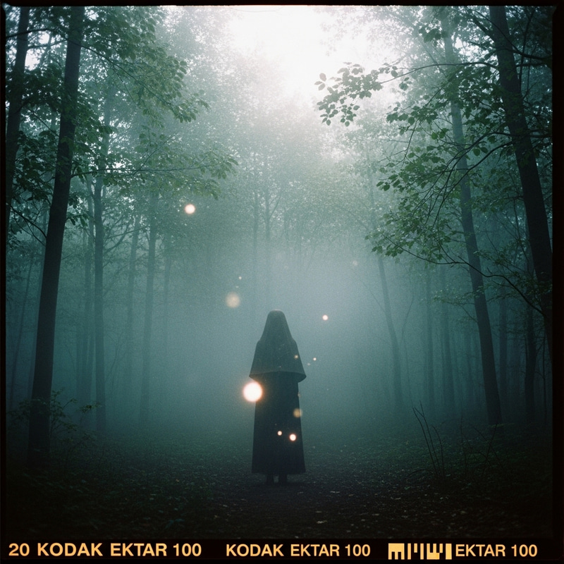 Mystical Figure in Fog-Laden Forest - Ethereal Art