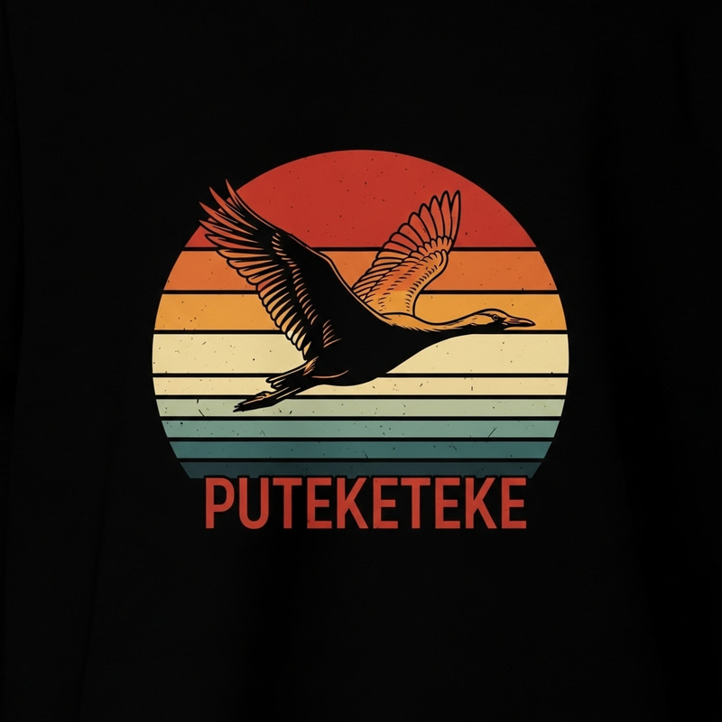 Serene Vintage Sunset with Majestic Puteketeke Lake Bird Artwork Serene Vintage Sunset with Majestic Puteketeke Lake Bird Artwork