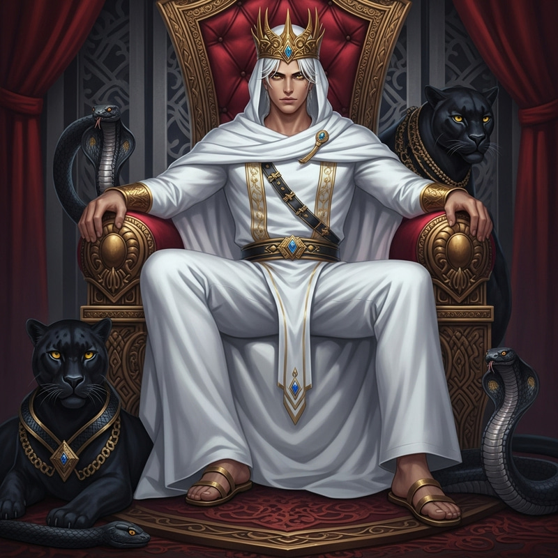 Captivating Middle Eastern Man on Luxurious Throne with Panthers and Serpents Captivating Middle Eastern Man on Luxurious Throne with Panthers and Serpents