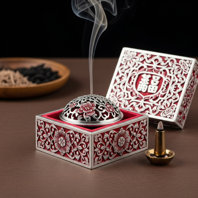 Intricate Chinese Incense Box with Floral Silver Red Design Intricate Chinese Incense Box with Floral Silver Red Design