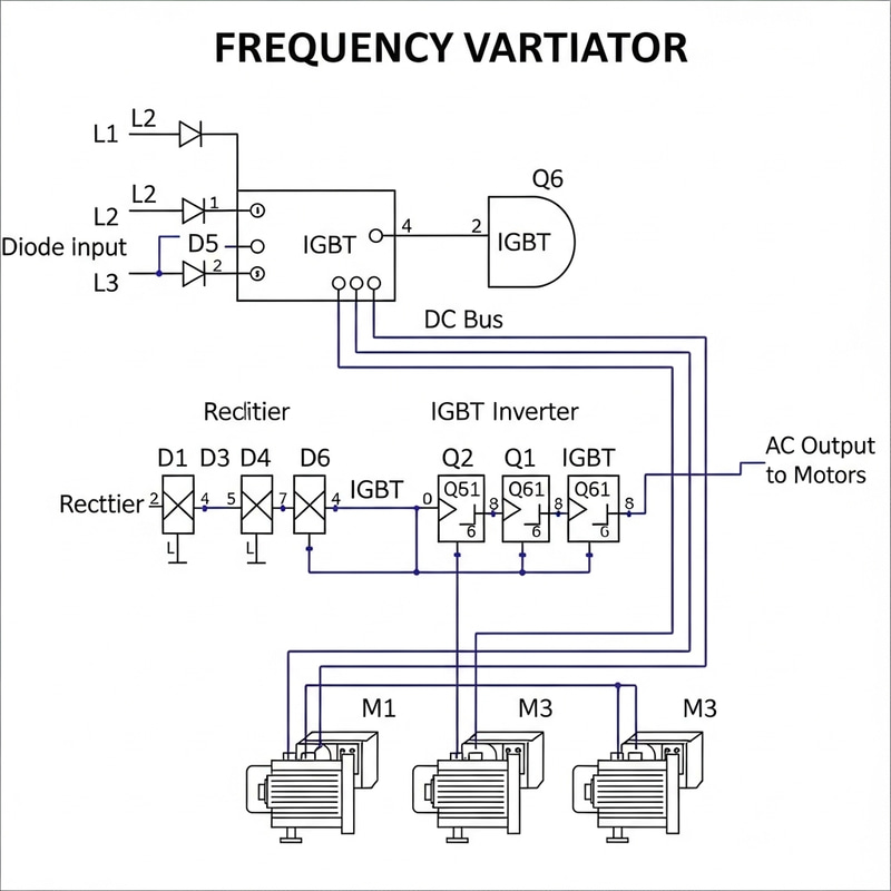 Frequency Variator Circuit with 3 Motors, 6 Diodes, and 6 IGBT Frequency Variator Circuit with 3 Motors, 6 Diodes, and 6 IGBT