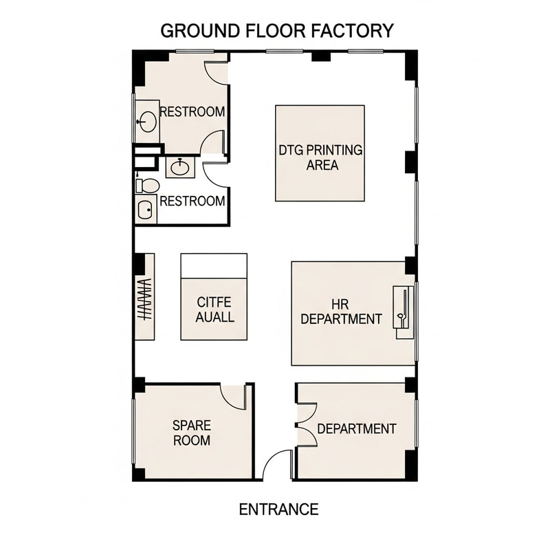 Factory Layout: Rectangle Shape Ground Floor Setup with DTG Printing Area