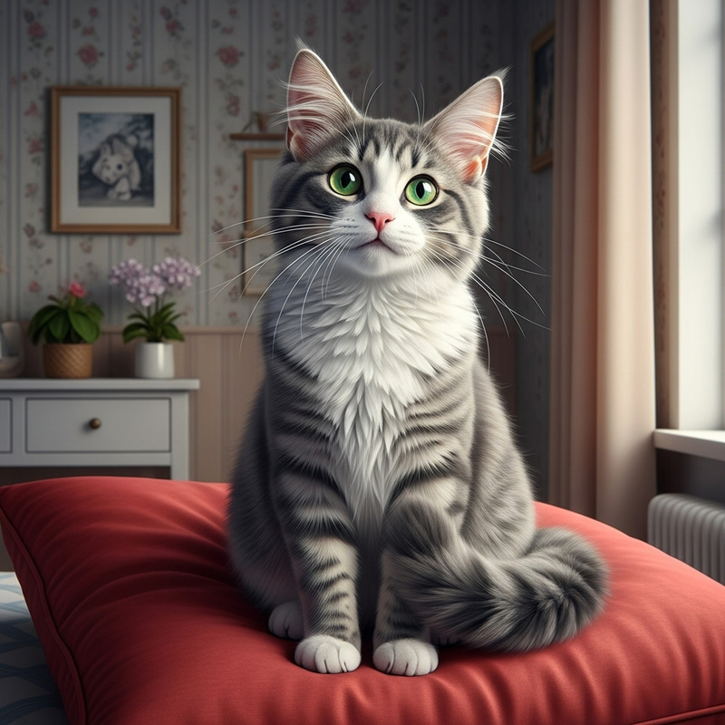 Adorable Grey and White Cat Resting on Cozy Red Pillow Adorable Grey and White Cat Resting on Cozy Red Pillow