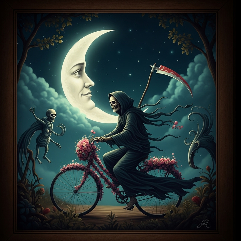 Captivating Grim Reaper Riding Bicycle with Flowers Under Moonlight Captivating Grim Reaper Riding Bicycle with Flowers Under Moonlight