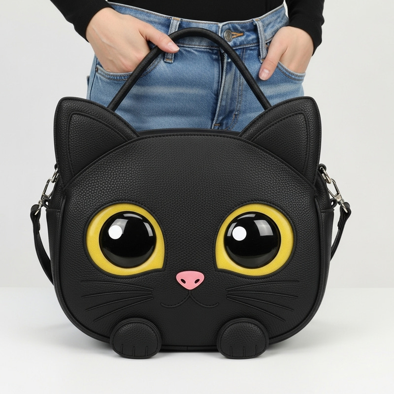 Unique Black Cat Women's Bag with Oversized Expressive Eyes