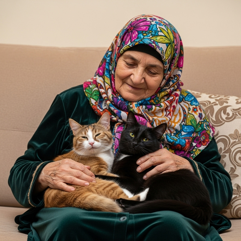 Sweet Lady in Hijab with Adorable Cats on Beige Couch