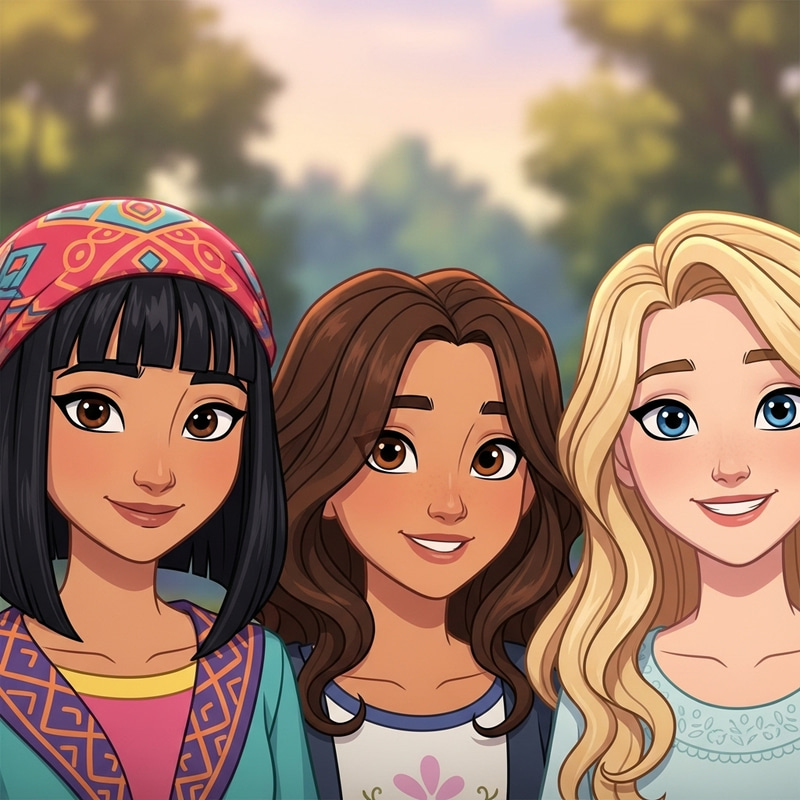 Three Cartoon Girls with Diverse Hairstyles | Animated Image