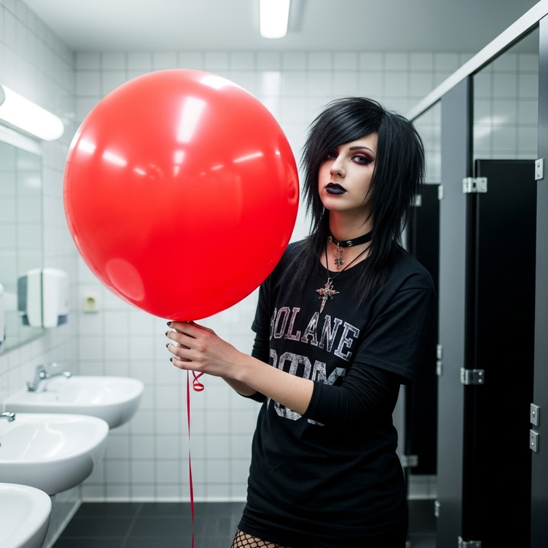 Unique Emo Babe with Red Balloon in Stylish Washroom Unique Emo Babe with Red Balloon in Stylish Washroom
