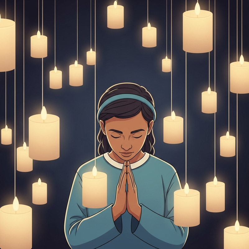 Figure in Prayer Surrounded by Floating Candles Figure in Prayer Surrounded by Floating Candles