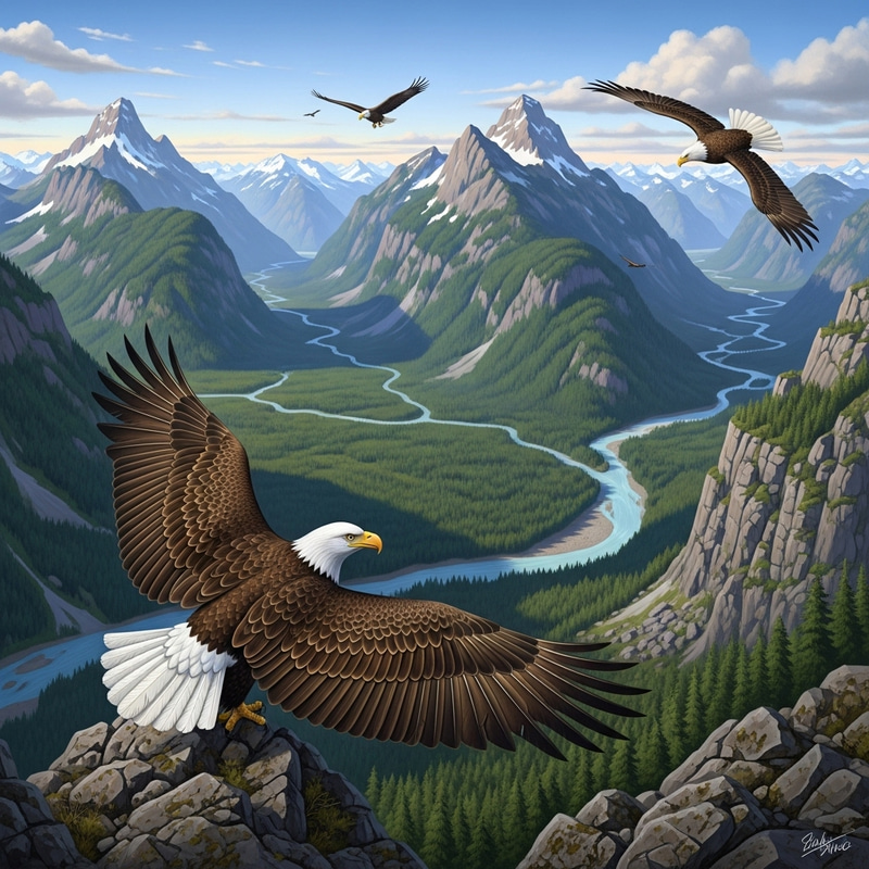 Majestic Bald Eagles Soaring Over Pacific Northwest Landscape