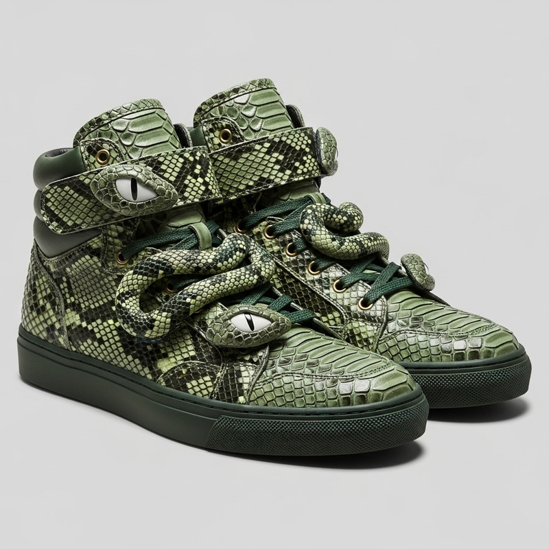 Snekeas: Green Faux-Snake High-Top Sneakers Snekeas: Green Faux-Snake High-Top Sneakers