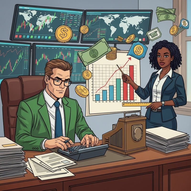 Finance Comic Book Scene: Colorful Illustration of Finance Professionals Finance Comic Book Scene: Colorful Illustration of Finance Professionals