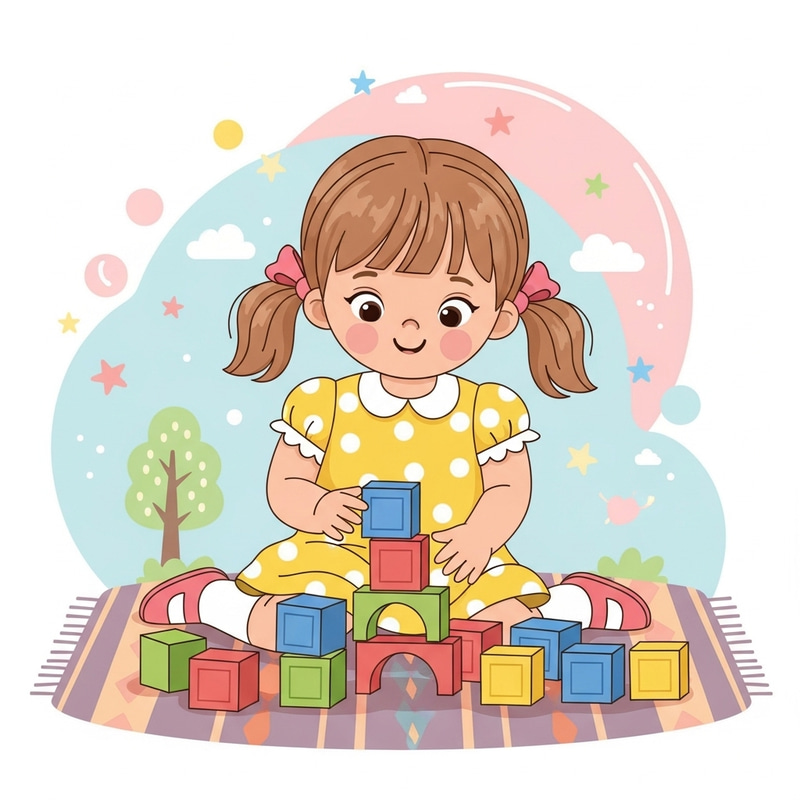 Young Girl Playing with Colorful Blocks - Children's Book Illustration Young Girl Playing with Colorful Blocks - Children's Book Illustration