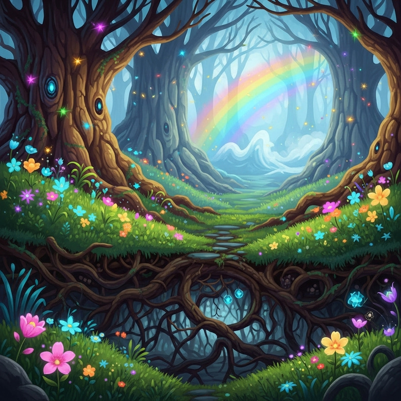 Magical Forest Scene | Vibrant Flowers, Ancient Trees